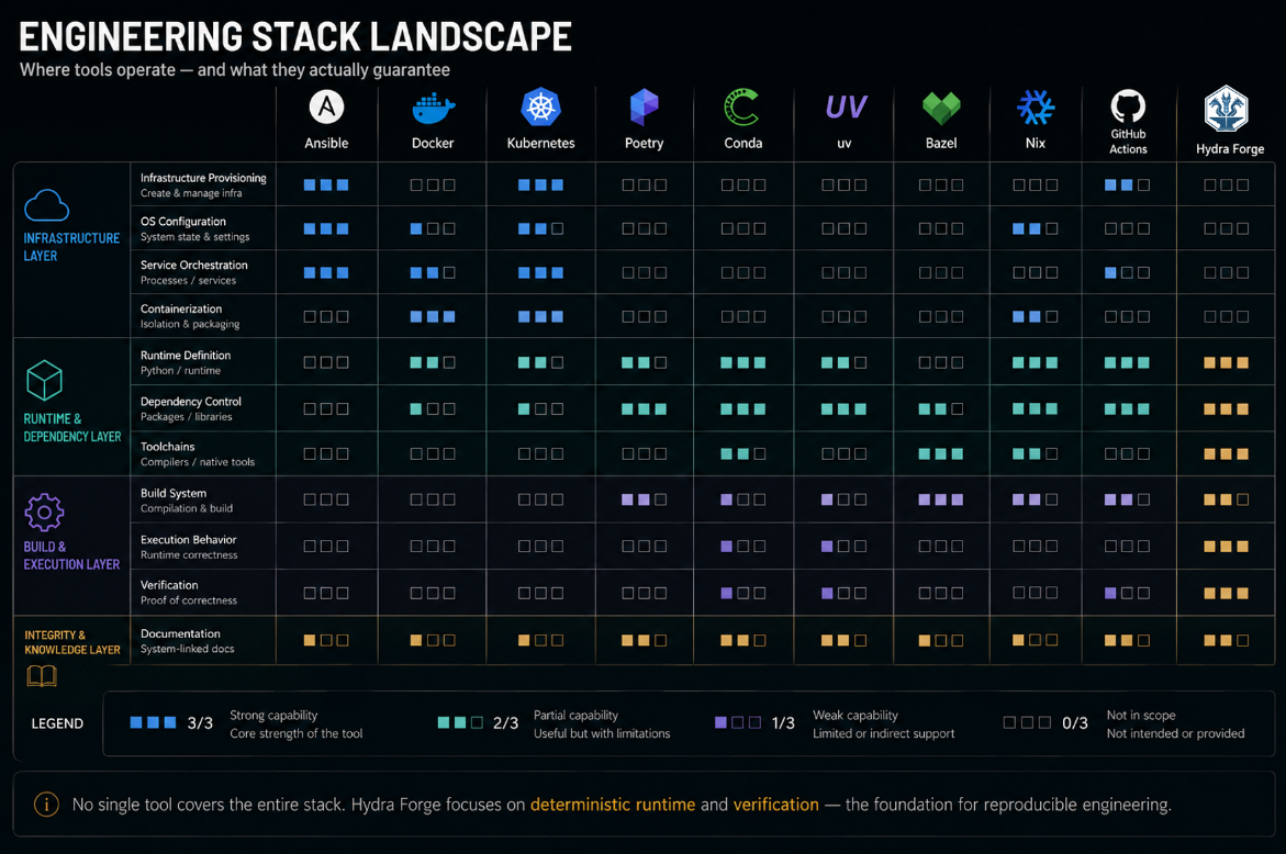 Engineering stack landscape showing where Hydra Forge operates compared with common engineering tools
